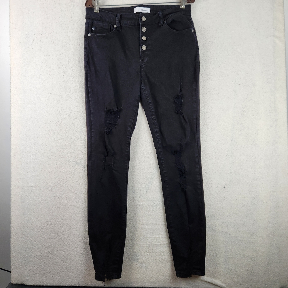 KanCan Juniors Size 15 Button Fly Black Distressed Mid Rise Skinny Stretch Jeans